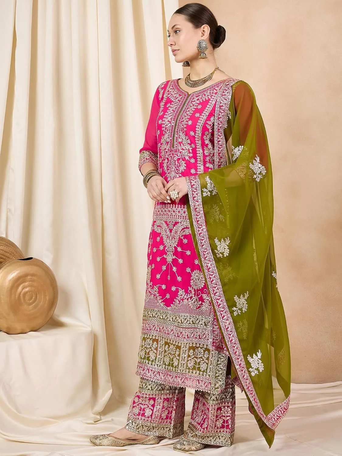 Women's Faux Georgette Fabric Zari embroidery Kurta With Palazzo