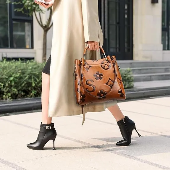 Women’s Floral Embossed Leather Handbag - Large Top Handle Shoulder Bag with Detachable Strap for Everyday