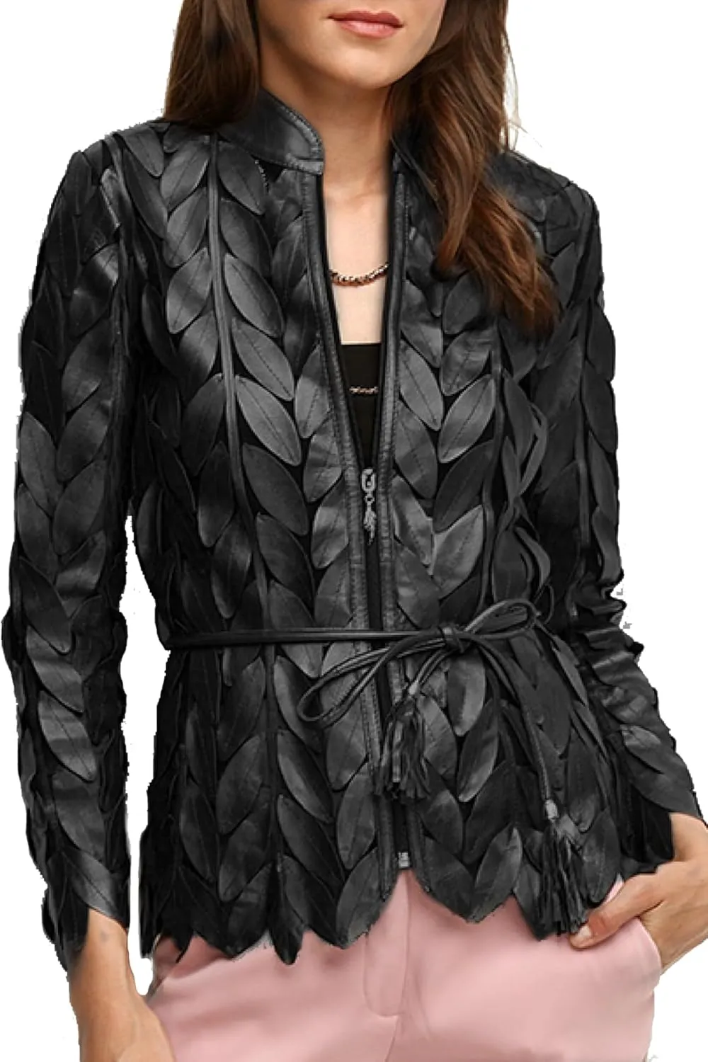 Women's Genuine Lambskin Leaf shaped Leather pieces Applique Mesh Jacket Made by Handmade