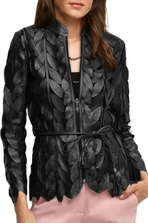 Women's Genuine Lambskin Leaf shaped Leather pieces Applique Mesh Jacket Made by Handmade