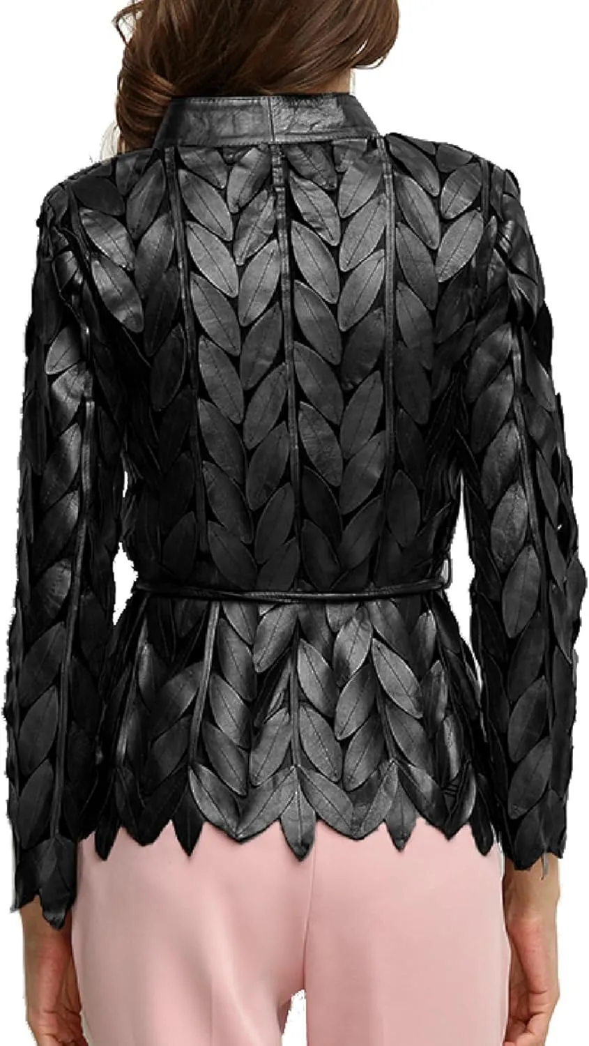 Women's Genuine Lambskin Leaf shaped Leather pieces Applique Mesh Jacket Made by Handmade