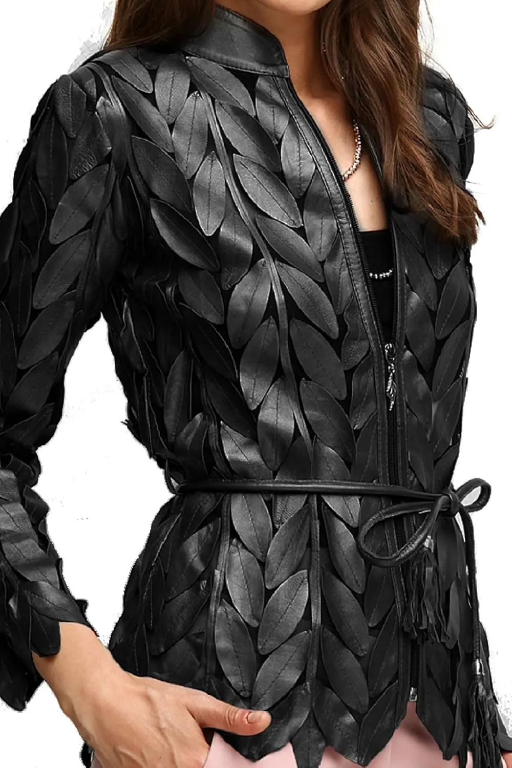 Women's Genuine Lambskin Leaf shaped Leather pieces Applique Mesh Jacket Made by Handmade