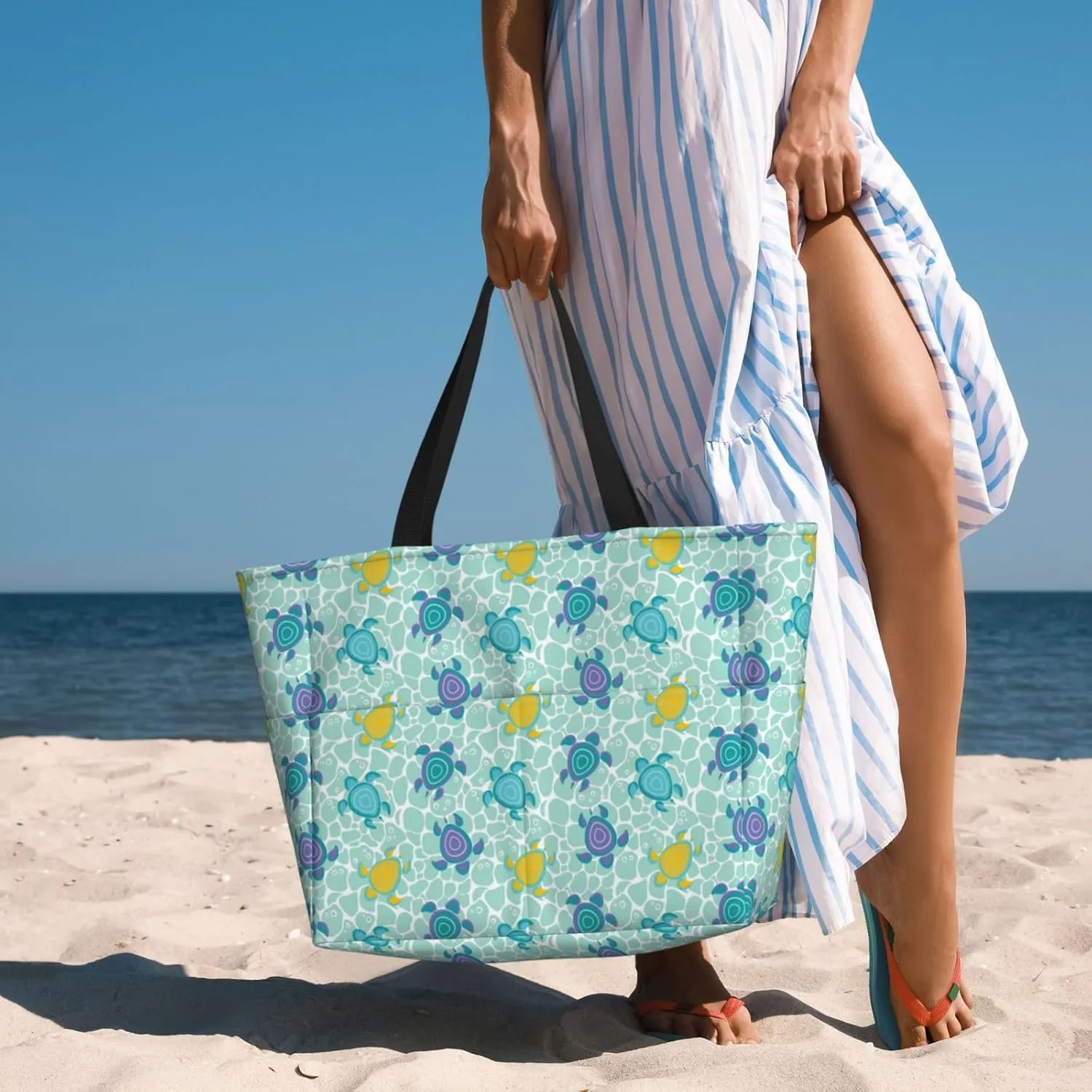 Women's Large Beach Bag Waterproof Travel Tote Bag with Pocket Sandproof Foldable Weekender Bags for Pool Vacation