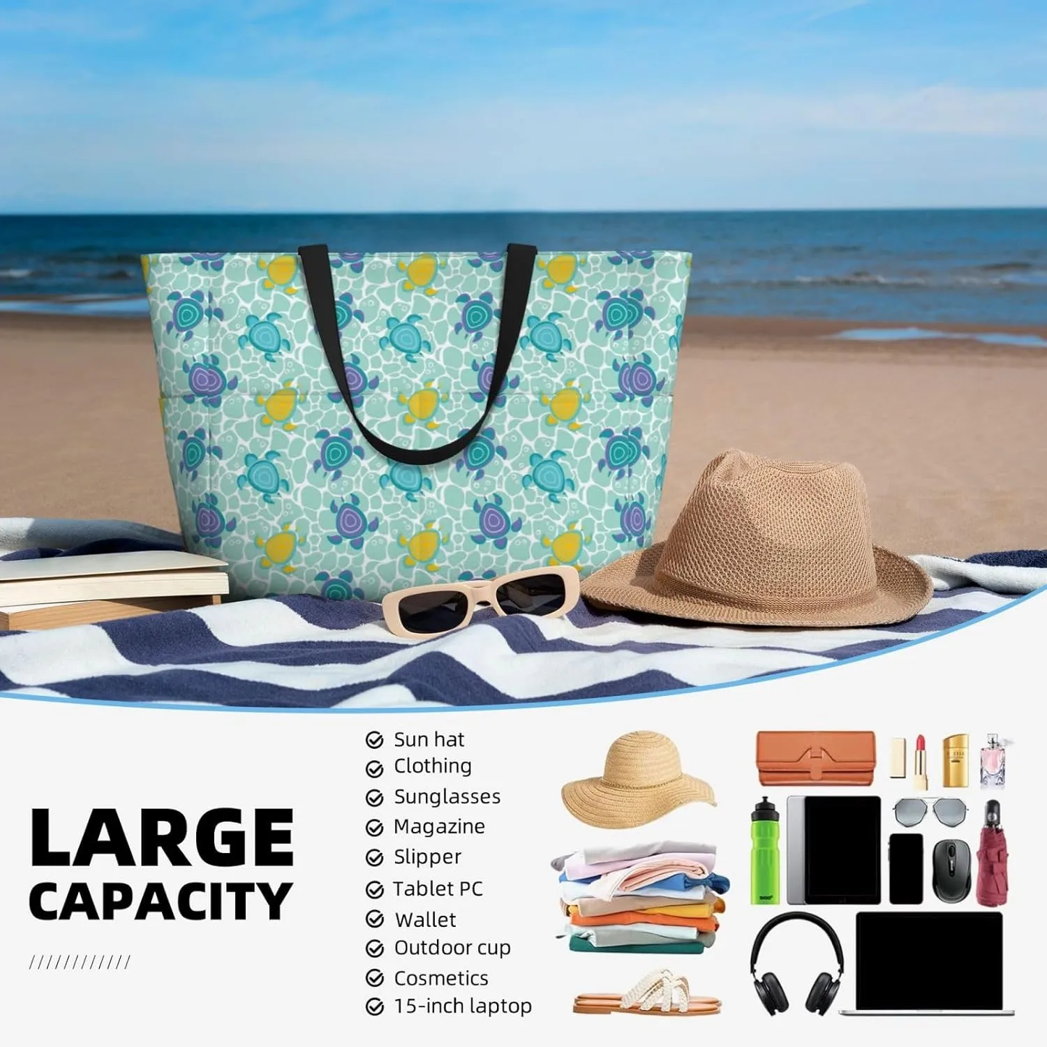 Women's Large Beach Bag Waterproof Travel Tote Bag with Pocket Sandproof Foldable Weekender Bags for Pool Vacation