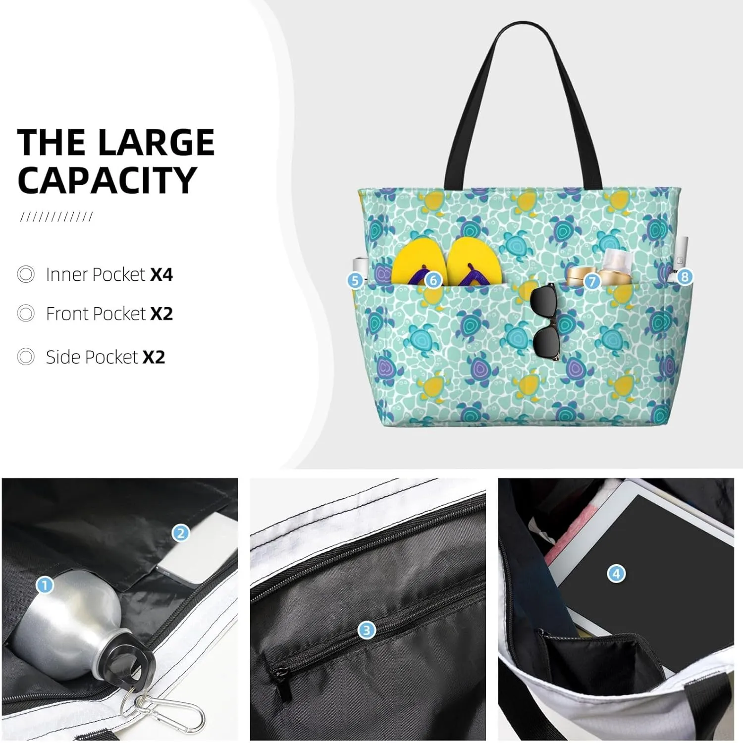 Women's Large Beach Bag Waterproof Travel Tote Bag with Pocket Sandproof Foldable Weekender Bags for Pool Vacation