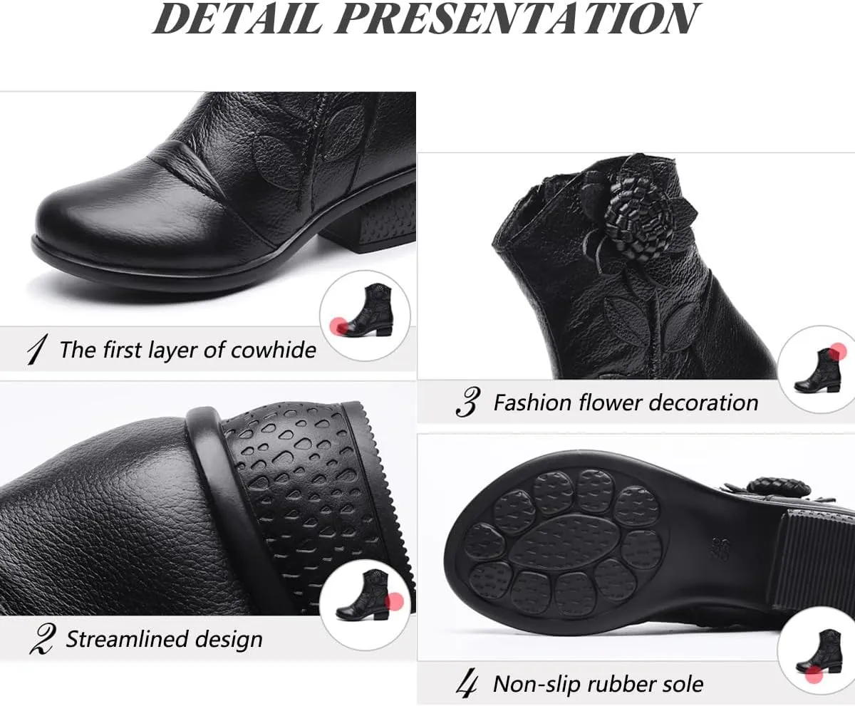 Women's Leather Mid Calf Boots Ethnic Floral Round Toe Block Low Heel Ankle Booties with Side Zipper