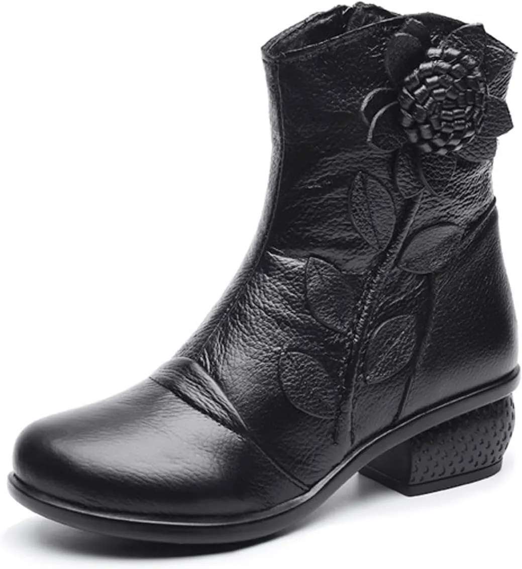 Women's Leather Mid Calf Boots Ethnic Floral Round Toe Block Low Heel Ankle Booties with Side Zipper