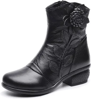 Women's Leather Mid Calf Boots Ethnic Floral Round Toe Block Low Heel Ankle Booties with Side Zipper