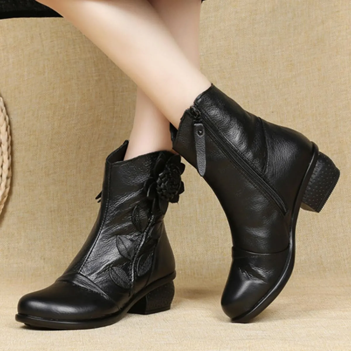 Women's Leather Mid Calf Boots Ethnic Floral Round Toe Block Low Heel Ankle Booties with Side Zipper