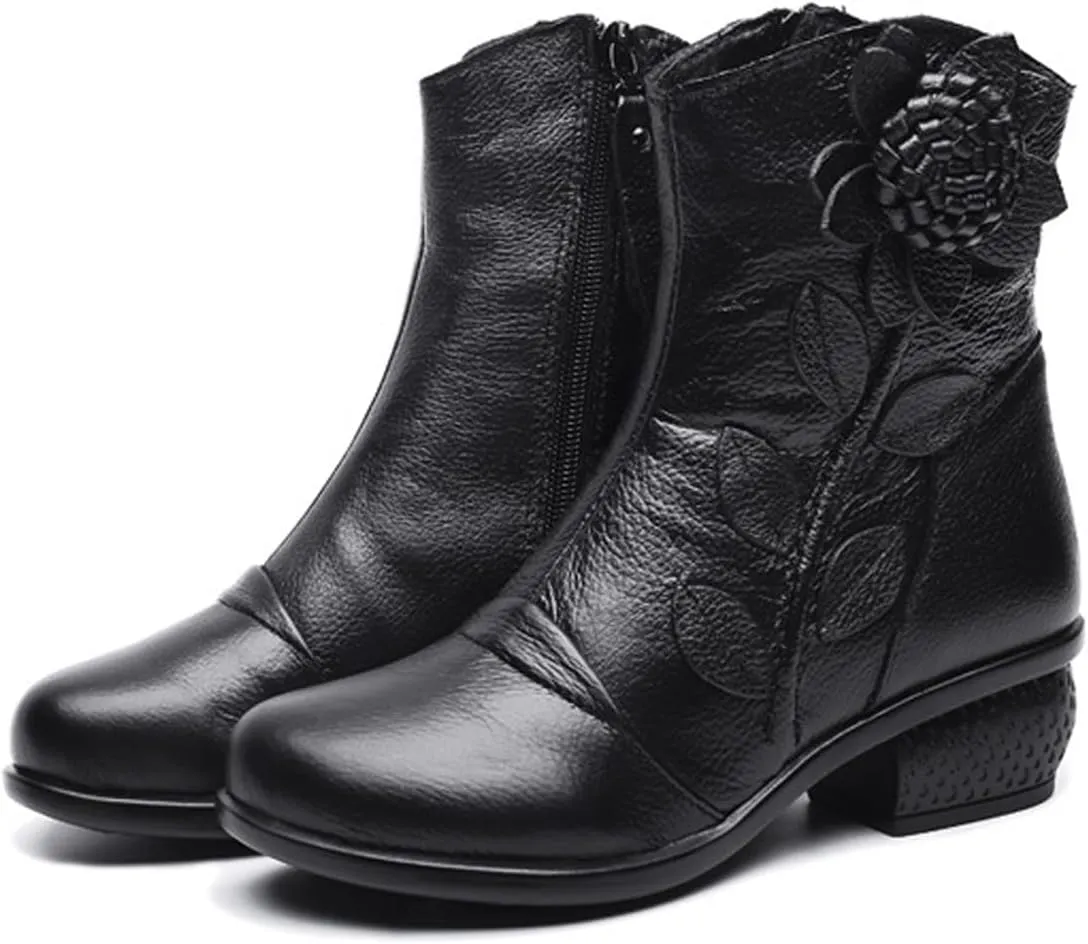 Women's Leather Mid Calf Boots Ethnic Floral Round Toe Block Low Heel Ankle Booties with Side Zipper