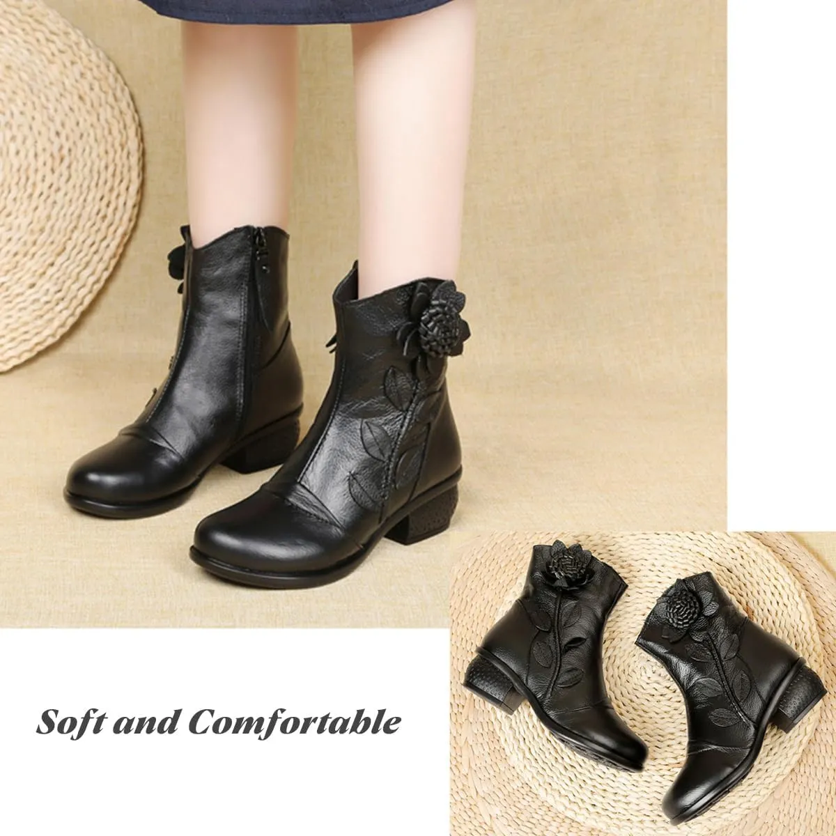 Women's Leather Mid Calf Boots Ethnic Floral Round Toe Block Low Heel Ankle Booties with Side Zipper