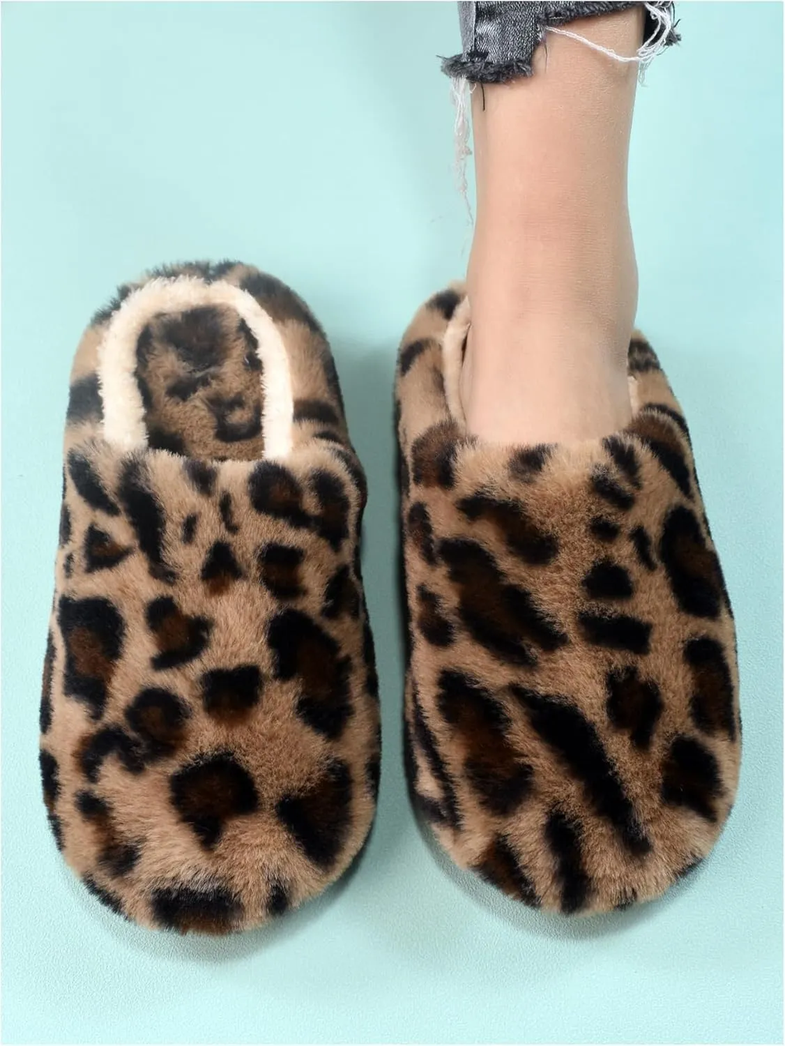 Women's Leopard Fuzzy House Slippers Scuff Slippers Outdoor Indoor Bedroom Cheetah Warm Faux Fur Plush Cozy Shoes