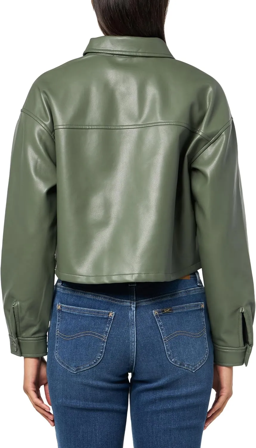 Women's Long Sleeve Collar Neck Faux Leather Shacket