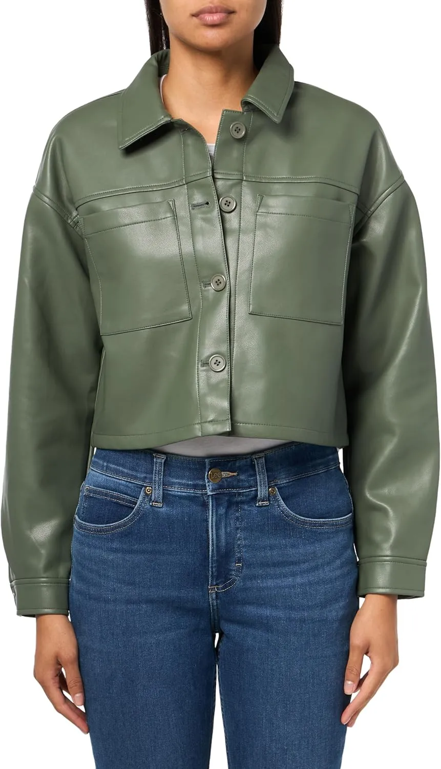 Women's Long Sleeve Collar Neck Faux Leather Shacket