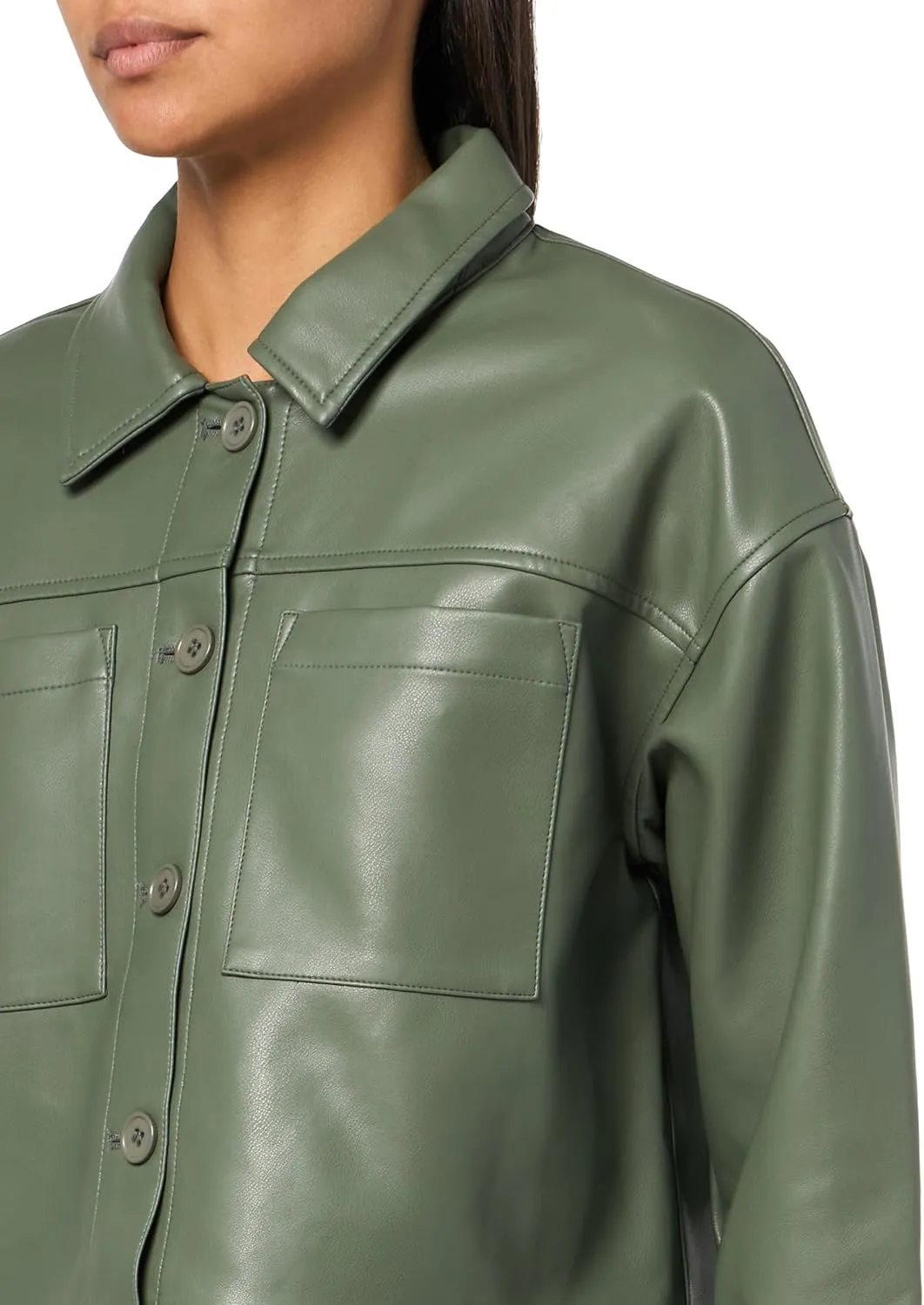 Women's Long Sleeve Collar Neck Faux Leather Shacket