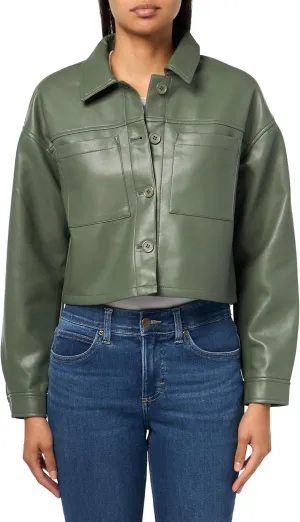 Women's Long Sleeve Collar Neck Faux Leather Shacket