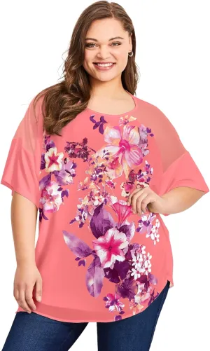Women's Plus Size Mixed Media Floral Print Top
