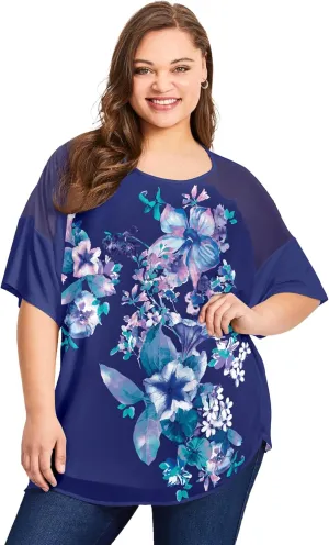 Women's Plus Size Mixed Media Floral Print Top