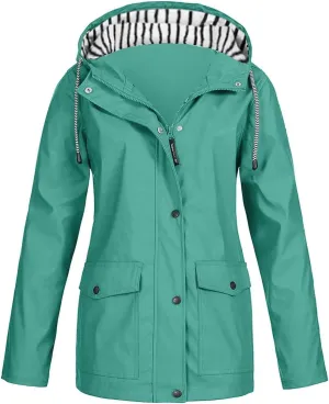 Womens Rain Jacket Waterproof Windproof Hooded Zip Up Raincoat Outdoor Hiking Fall Winter Trench Coat with Pockets