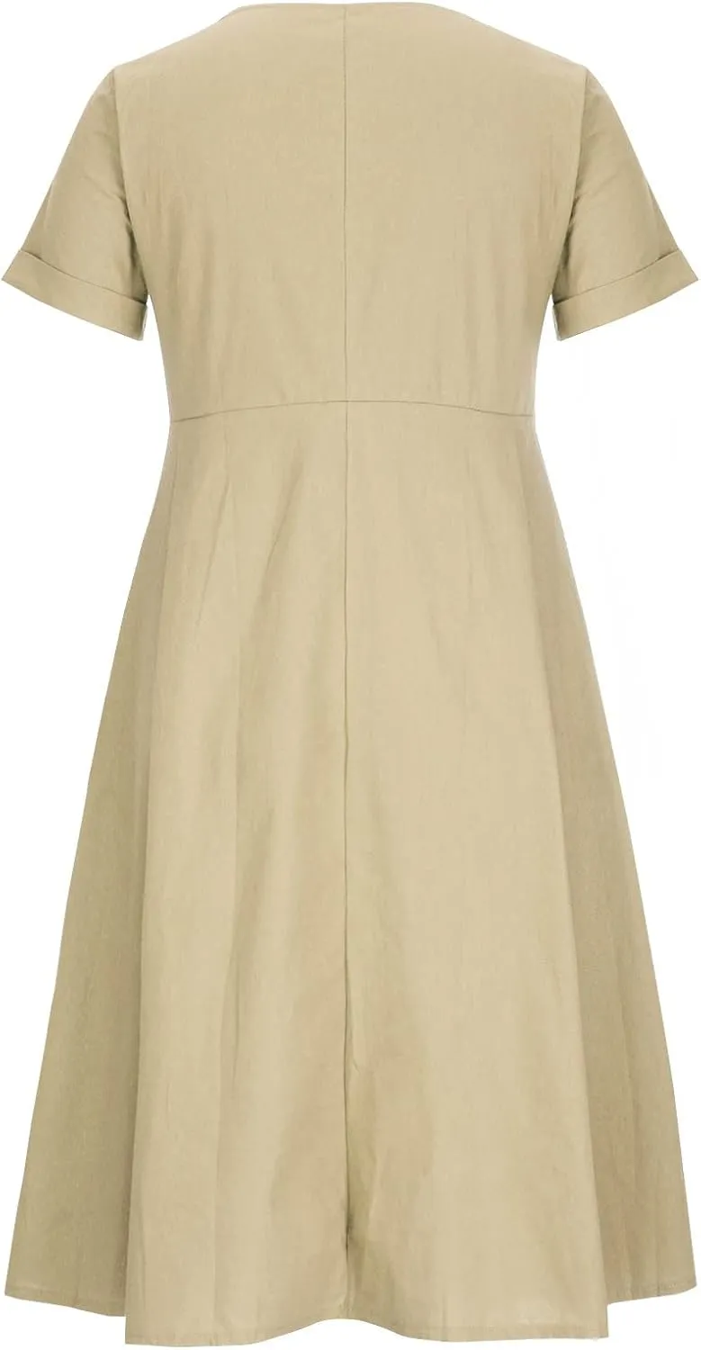 Women's Summer Casual Cotton Linen Midi Dress Plus Size Short Sleeve Button Up V-Neck Maxi Dress with Pockets