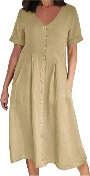 Women's Summer Casual Cotton Linen Midi Dress Plus Size Short Sleeve Button Up V-Neck Maxi Dress with Pockets