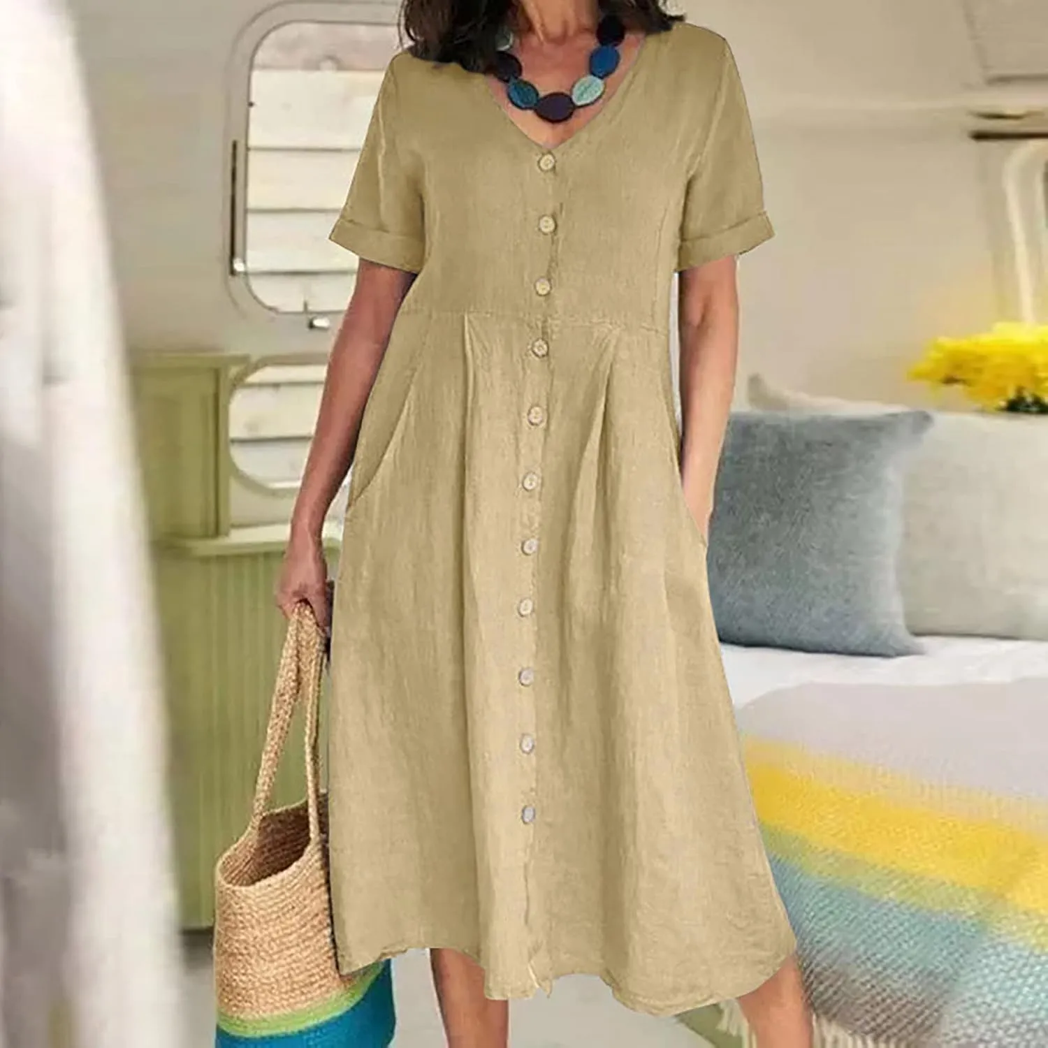 Women's Summer Casual Cotton Linen Midi Dress Plus Size Short Sleeve Button Up V-Neck Maxi Dress with Pockets