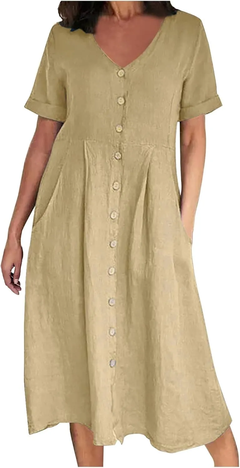 Women's Summer Casual Cotton Linen Midi Dress Plus Size Short Sleeve Button Up V-Neck Maxi Dress with Pockets