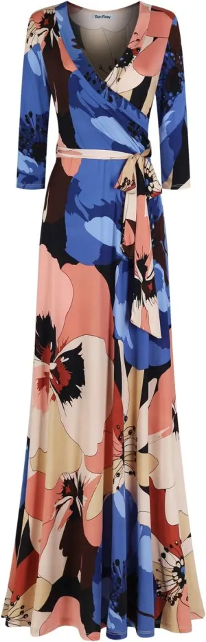 Women's Super Stretchy Maxi Party Dress Summer Beach Faux Wrap 3/4 Sleeve V-Neck Floral Print