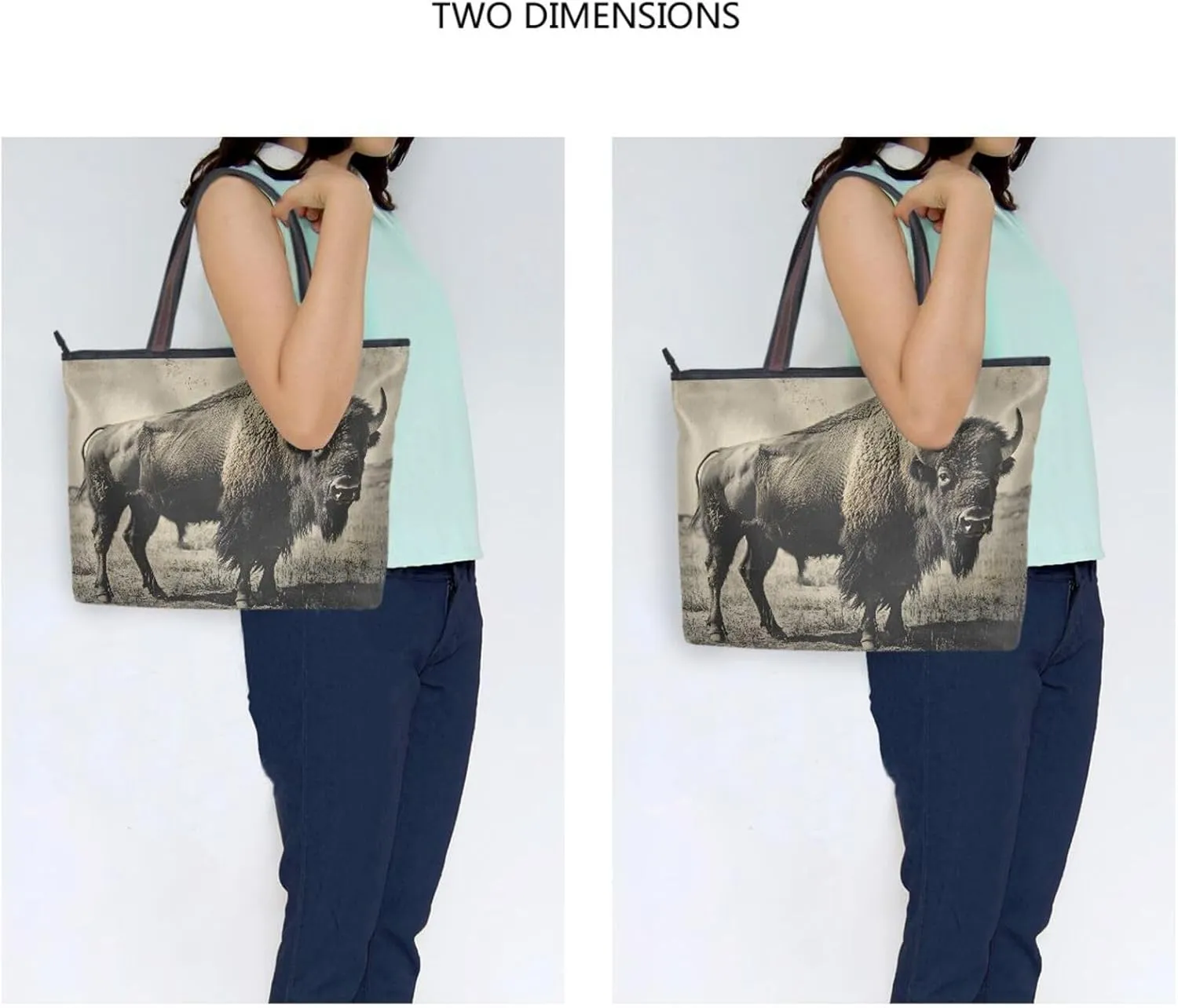 Women's Tote Bag Vintage Photo Bison Print, Large Capacity Zipper Shoulder Bags Handbag Reusable Grocery Bag Large