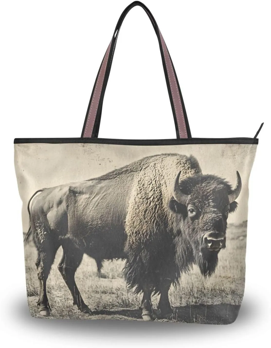 Women's Tote Bag Vintage Photo Bison Print, Large Capacity Zipper Shoulder Bags Handbag Reusable Grocery Bag Large