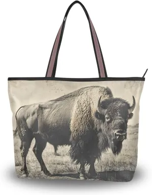 Women's Tote Bag Vintage Photo Bison Print, Large Capacity Zipper Shoulder Bags Handbag Reusable Grocery Bag Large