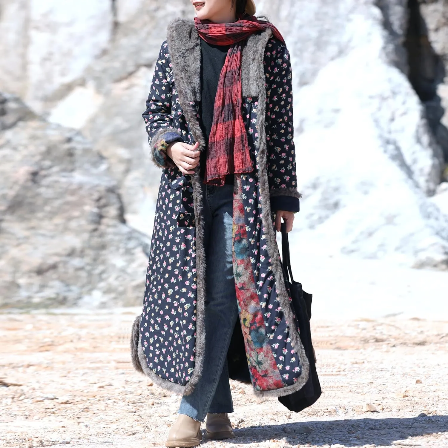 Women's Warm Overcoat Floral Print Long Jacket Cotton Linen Vintage PatchworkThin Cotton Hooded Winter Quilted