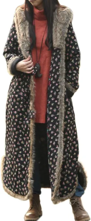 Women's Warm Overcoat Floral Print Long Jacket Cotton Linen Vintage PatchworkThin Cotton Hooded Winter Quilted