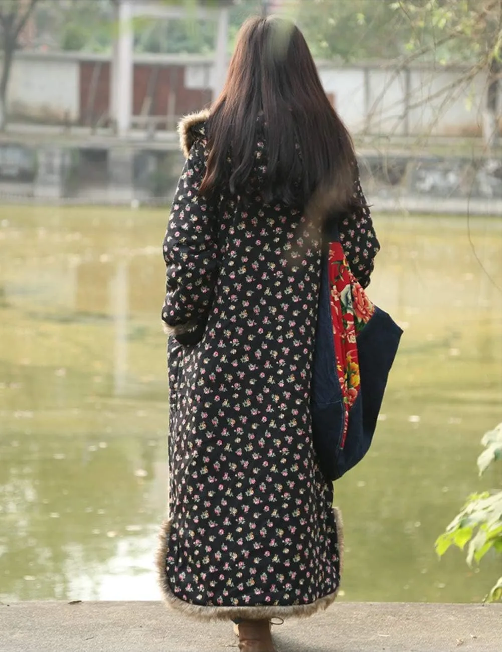 Women's Warm Overcoat Floral Print Long Jacket Cotton Linen Vintage PatchworkThin Cotton Hooded Winter Quilted
