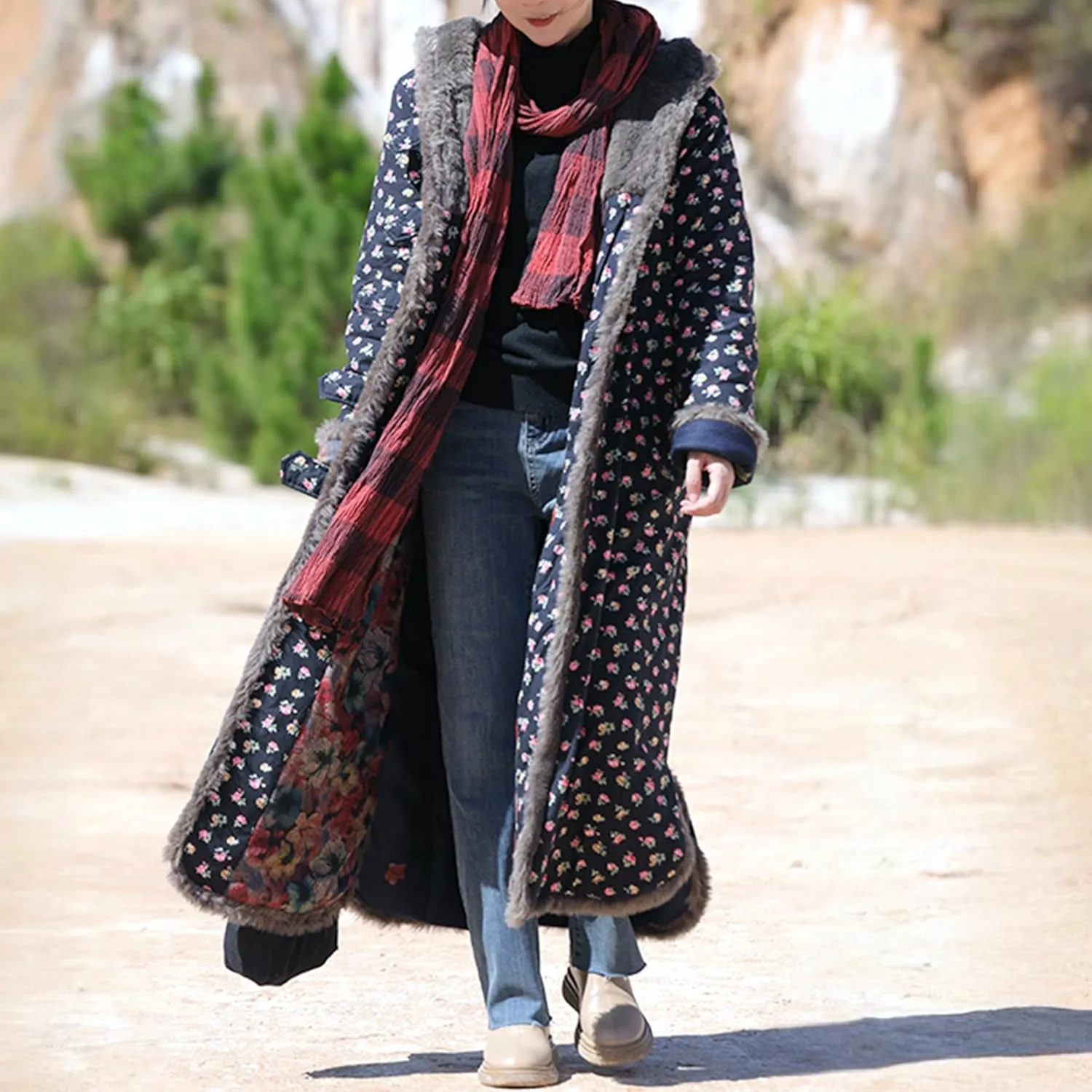 Women's Warm Overcoat Floral Print Long Jacket Cotton Linen Vintage PatchworkThin Cotton Hooded Winter Quilted