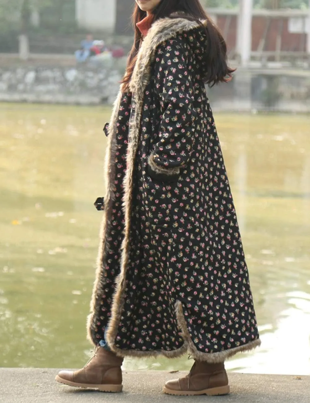 Women's Warm Overcoat Floral Print Long Jacket Cotton Linen Vintage PatchworkThin Cotton Hooded Winter Quilted