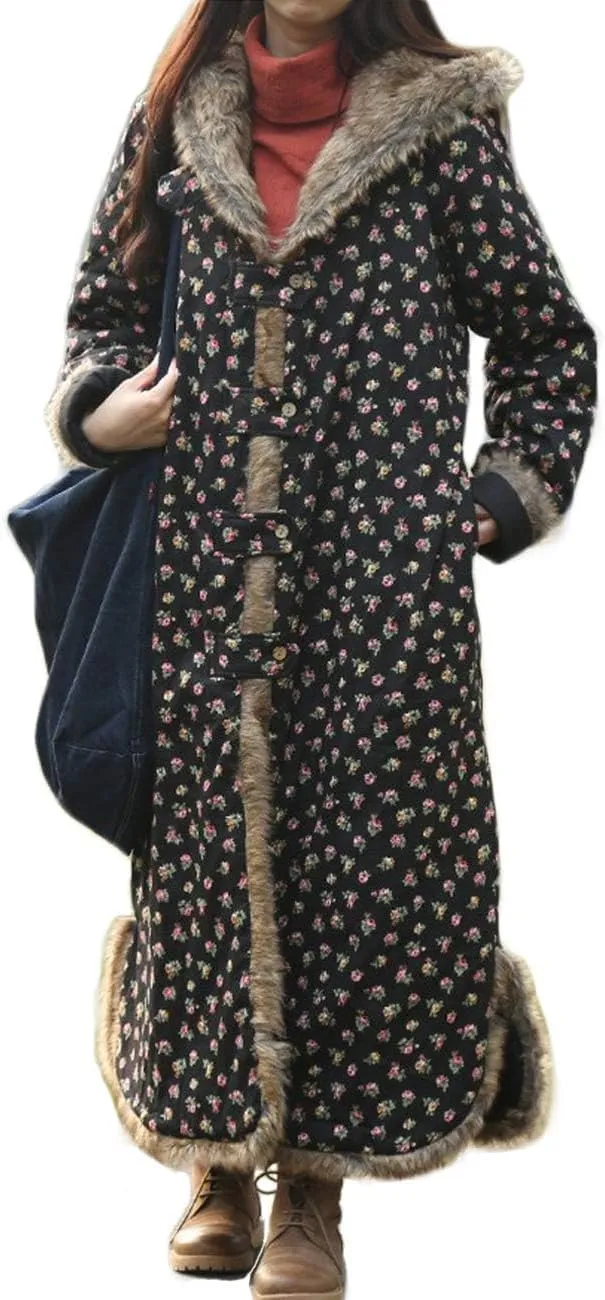 Women's Warm Overcoat Floral Print Long Jacket Cotton Linen Vintage PatchworkThin Cotton Hooded Winter Quilted