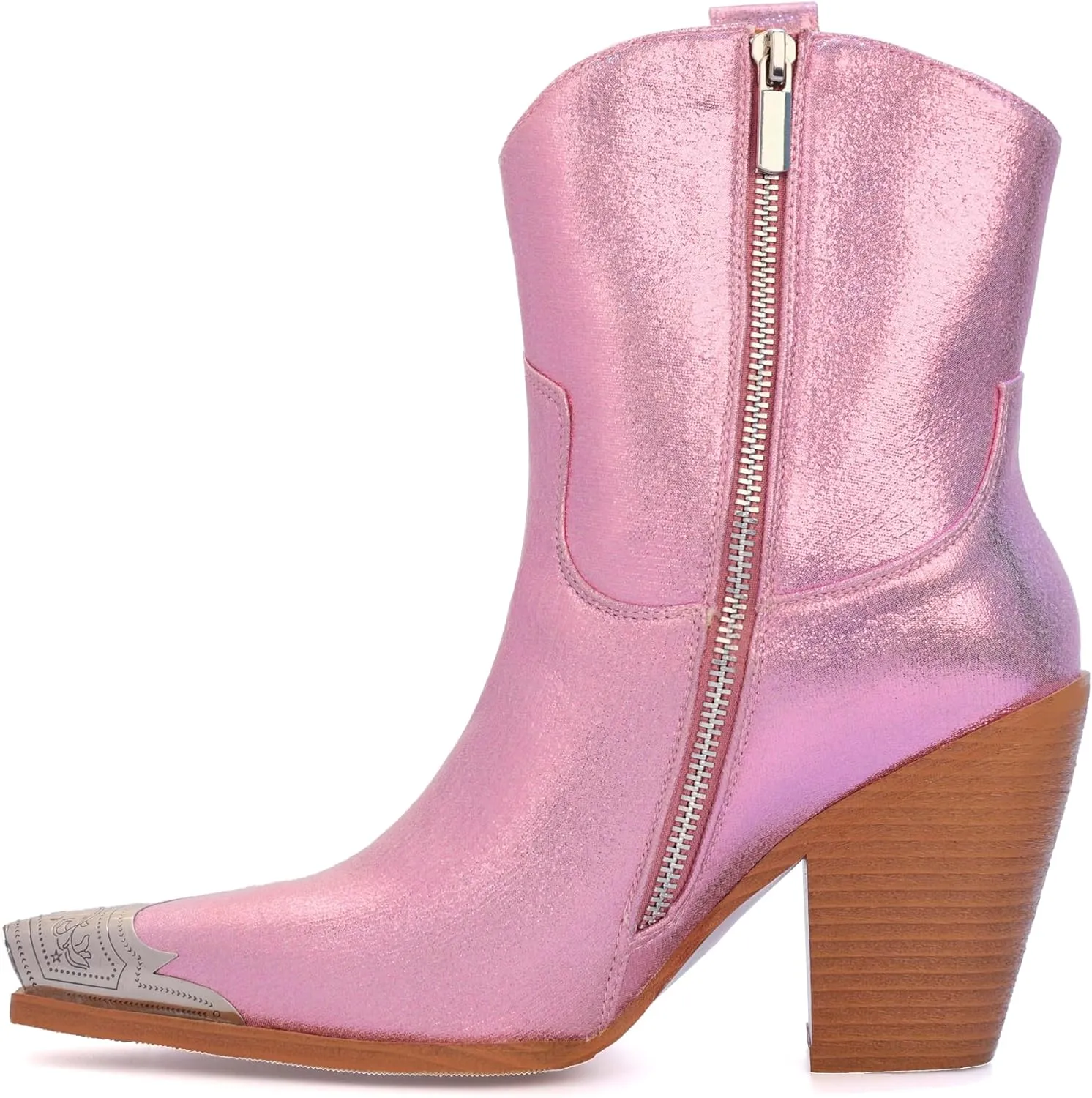 Womens Western Ankle Boots Engraved Metal Toe Cowgirl Booties Stacked Block Heeled Cowboy Boots Fashion Western Party Heeled Shoes