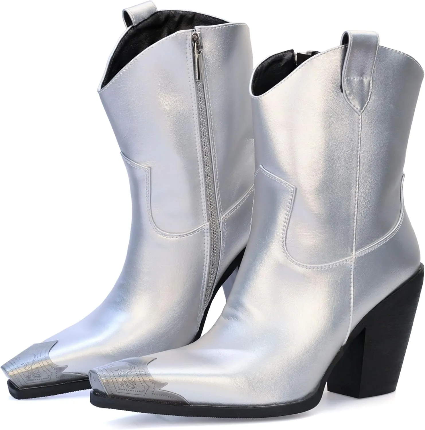 Womens Western Ankle Boots Engraved Metal Toe Cowgirl Booties Stacked Block Heeled Cowboy Boots Fashion Western Party Heeled Shoes