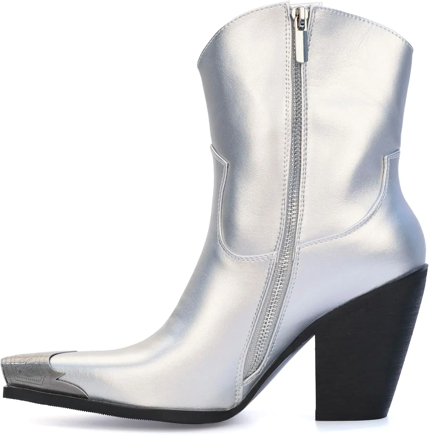 Womens Western Ankle Boots Engraved Metal Toe Cowgirl Booties Stacked Block Heeled Cowboy Boots Fashion Western Party Heeled Shoes