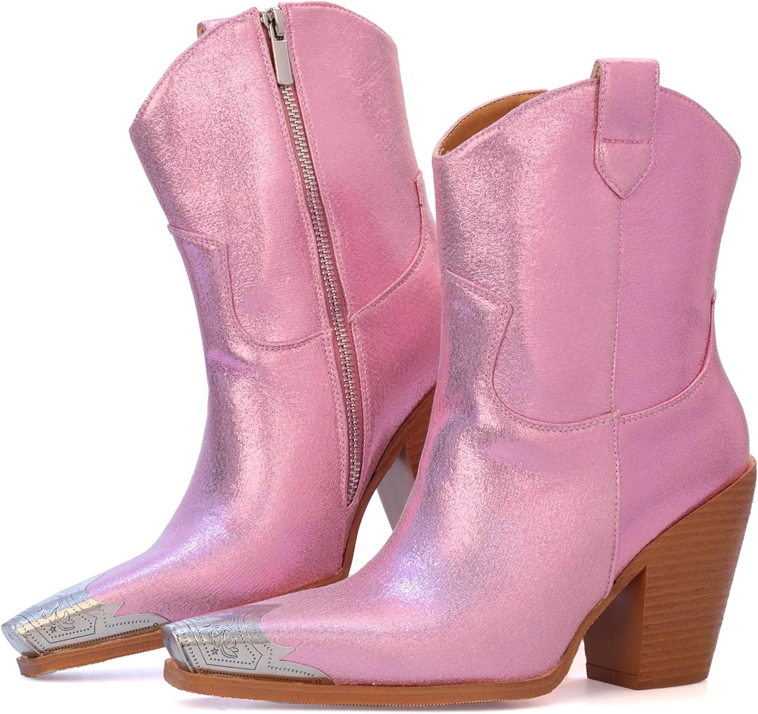 Womens Western Ankle Boots Engraved Metal Toe Cowgirl Booties Stacked Block Heeled Cowboy Boots Fashion Western Party Heeled Shoes