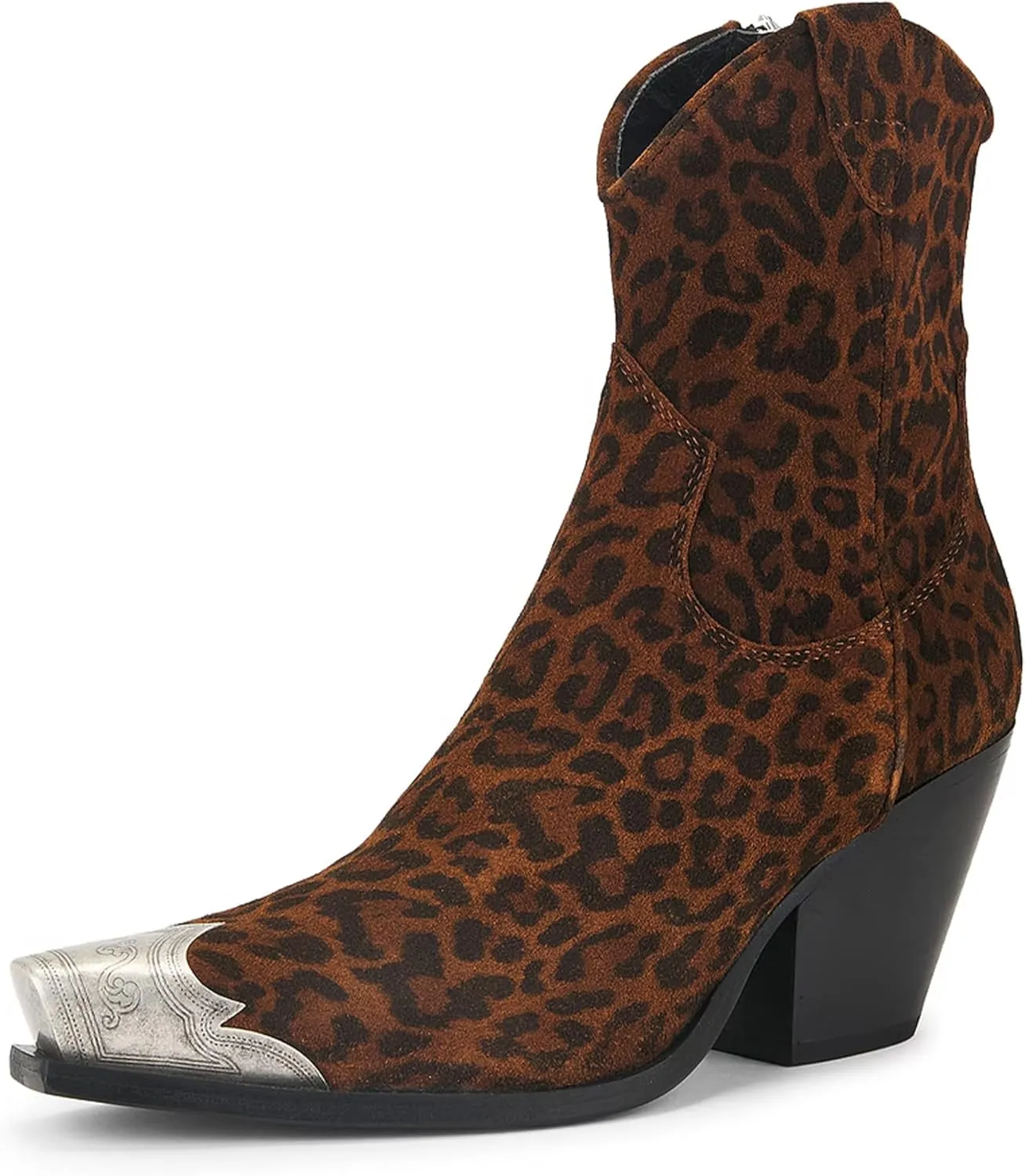 Womens Western Ankle Boots Engraved Metal Toe Cowgirl Booties Stacked Block Heeled Cowboy Boots Fashion Western Party Heeled Shoes