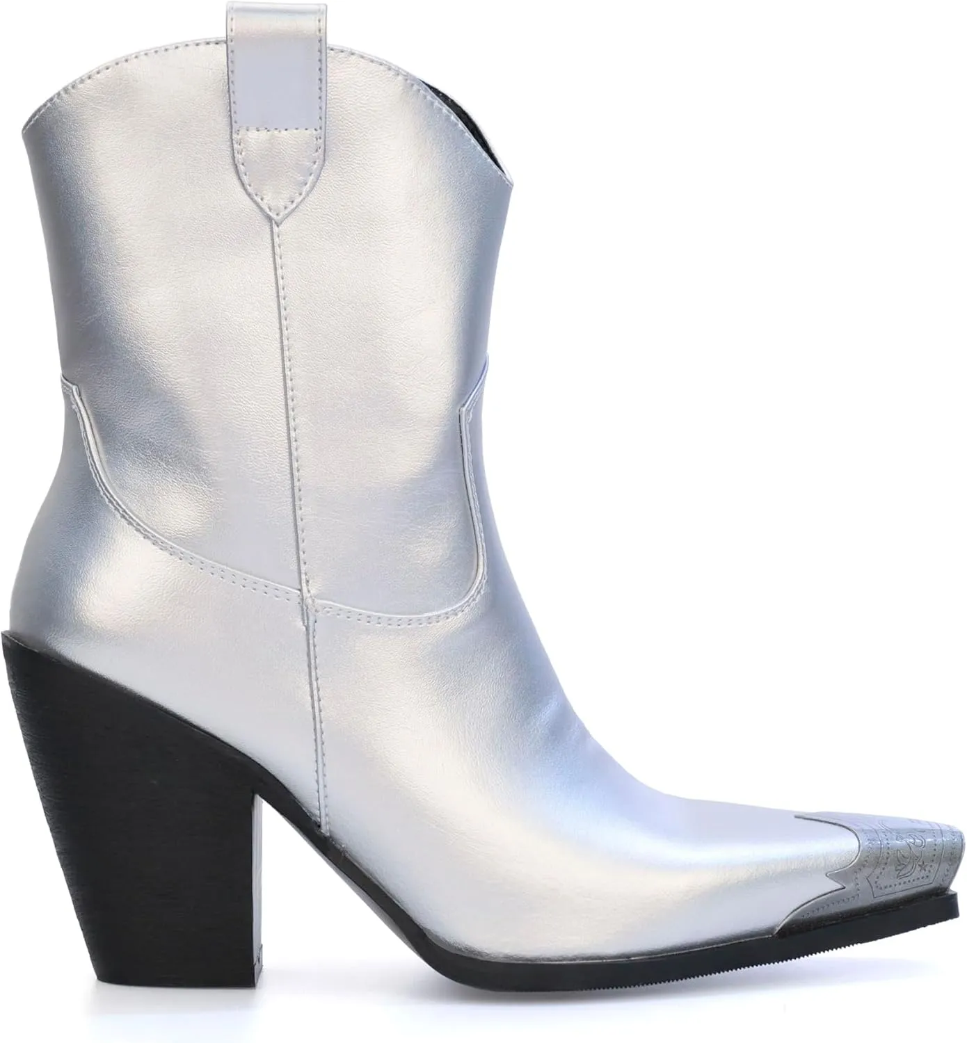 Womens Western Ankle Boots Engraved Metal Toe Cowgirl Booties Stacked Block Heeled Cowboy Boots Fashion Western Party Heeled Shoes