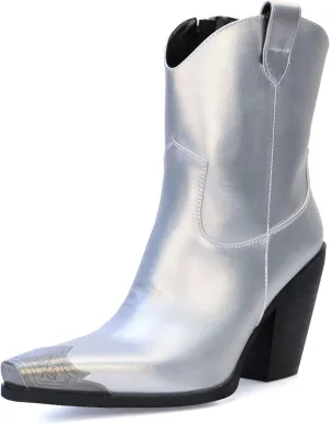 Womens Western Ankle Boots Engraved Metal Toe Cowgirl Booties Stacked Block Heeled Cowboy Boots Fashion Western Party Heeled Shoes