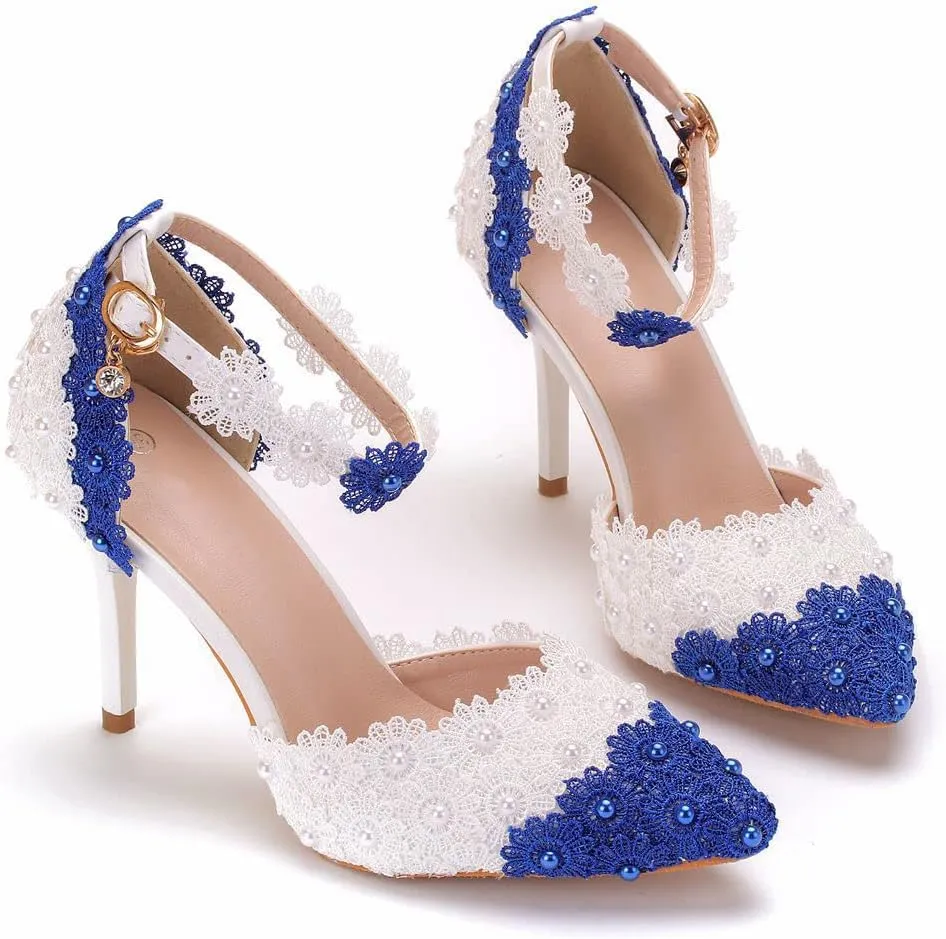 Women's White Lace Floral Stiletto High Heel Wedding Shoes, Sexy Pointed Closed Toe Bridal Heels Sandals, Ankle Strap Party Dress Bride D'Orsay Pumps