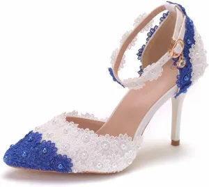 Women's White Lace Floral Stiletto High Heel Wedding Shoes, Sexy Pointed Closed Toe Bridal Heels Sandals, Ankle Strap Party Dress Bride D'Orsay Pumps