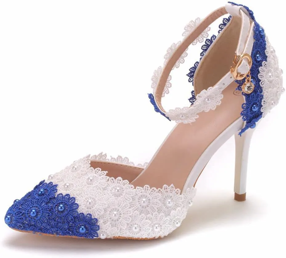 Women's White Lace Floral Stiletto High Heel Wedding Shoes, Sexy Pointed Closed Toe Bridal Heels Sandals, Ankle Strap Party Dress Bride D'Orsay Pumps