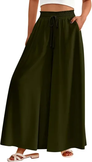 Womens Wide Leg Boho Pants Floral Solid Flowy Pants Lounge Beach with Pocket Resort Wear for Women 2025 Trendy