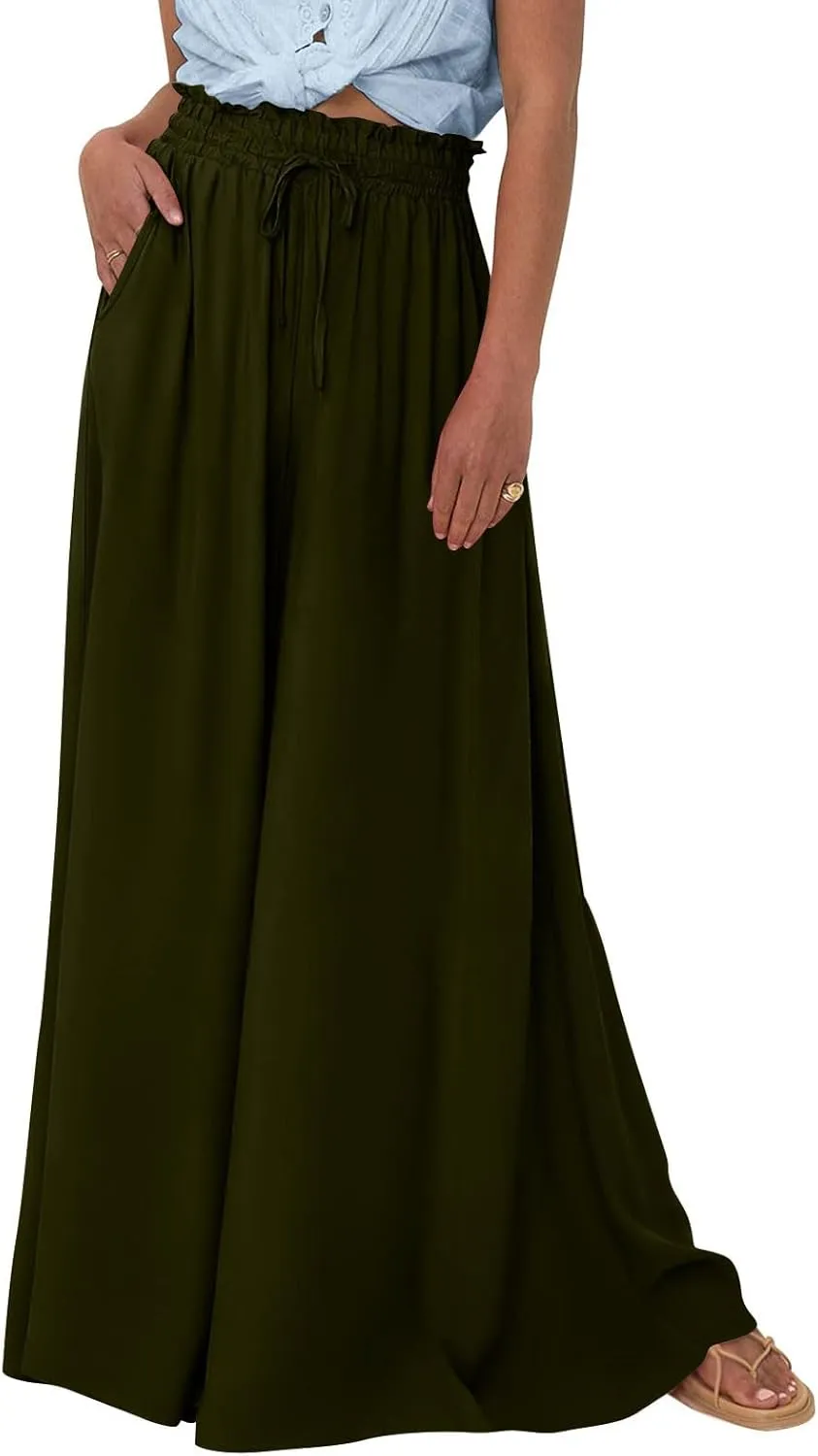 Womens Wide Leg Boho Pants Floral Solid Flowy Pants Lounge Beach with Pocket Resort Wear for Women 2025 Trendy