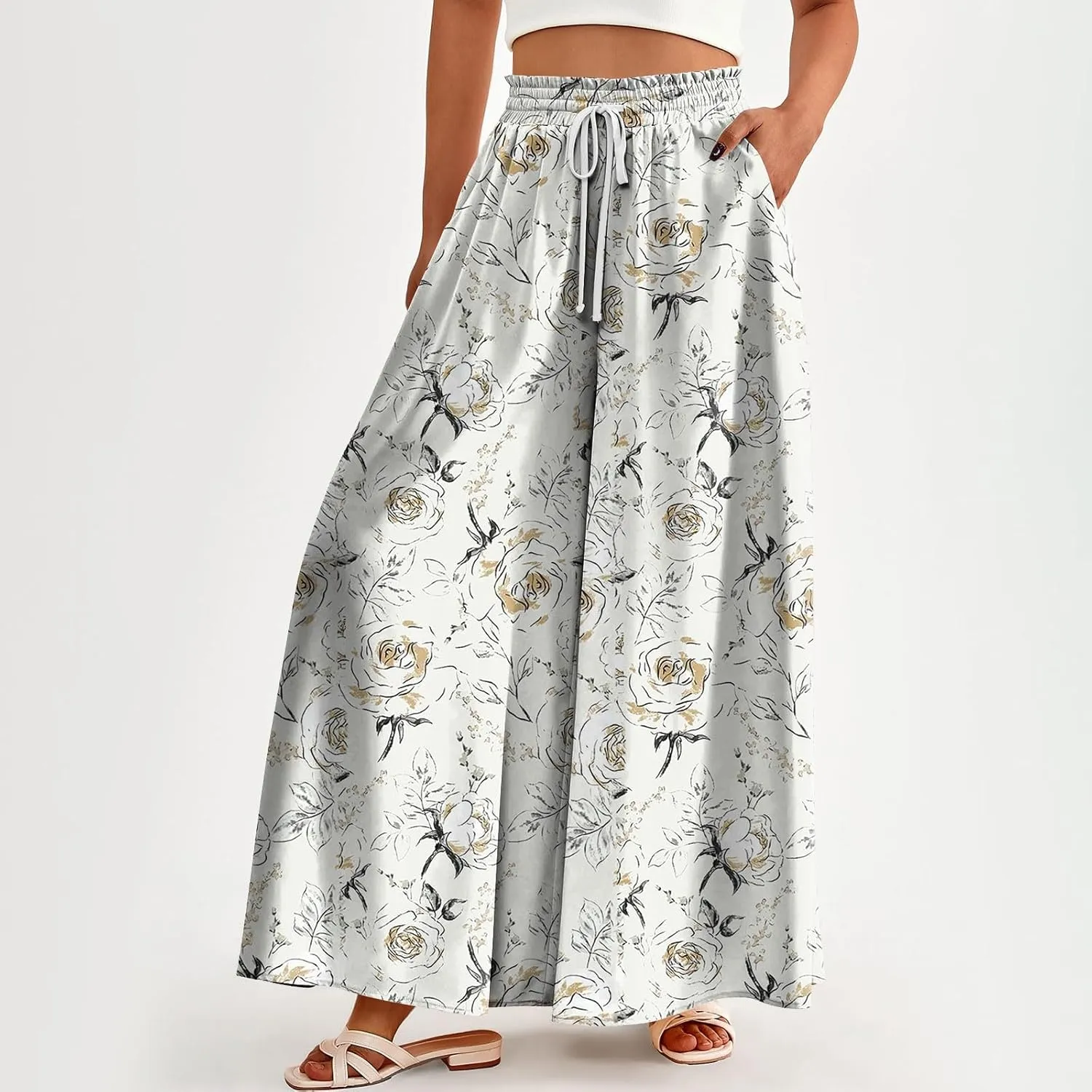Womens Wide Leg Boho Pants Floral Solid Flowy Pants Lounge Beach with Pocket Resort Wear for Women 2025 Trendy